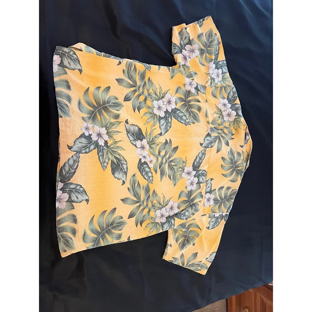 Bermuda Bay Mens XL Silk Hawaiian Shirt Yellow Floral Tropical Camp Button Up